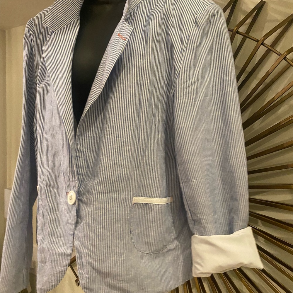 Kenar Blue and White Linen Pinstripe Blazer